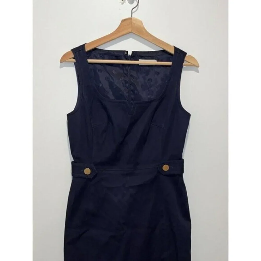 Tory Burch Navy Sleeveless Sheath Dress With Gold Button Accents & Back Zipper C